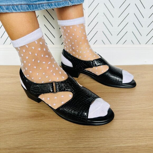 ❤️SAS Womens leather Sandal Sz 8 Suntimer Black Heel-Strap Ankle Strap Open Toe - Picture 1 of 13